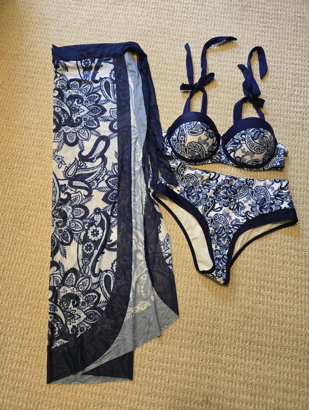 Navy & White Paisley Bikini Set with Sheer Cover-Up